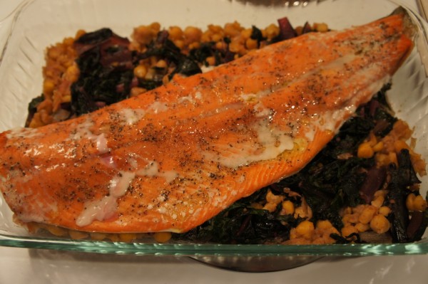 salmon with chickpeas greens and vinaigrette