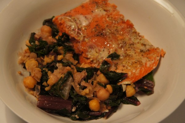 baked salmon with chickpeas and greens